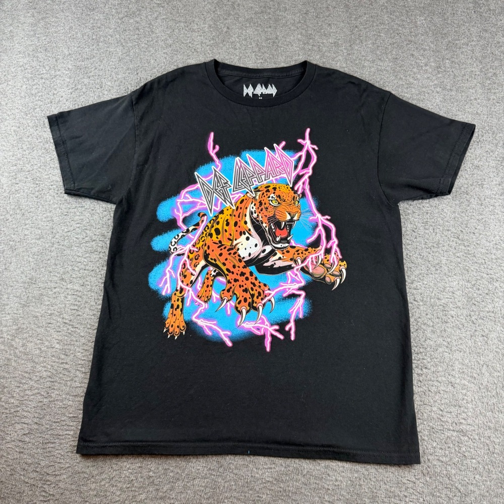 Def Leppard Graphic T-Shirt Men's Medium Black Leopard Lightning Rock Band Tee